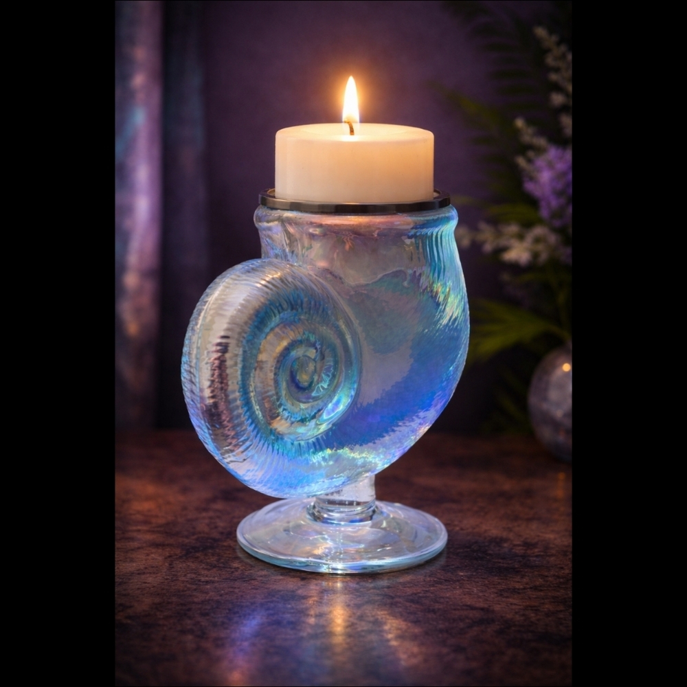 Vintage Iridescent Glass Nautilus Shell Pillar Candle Holder India Handcrafted
